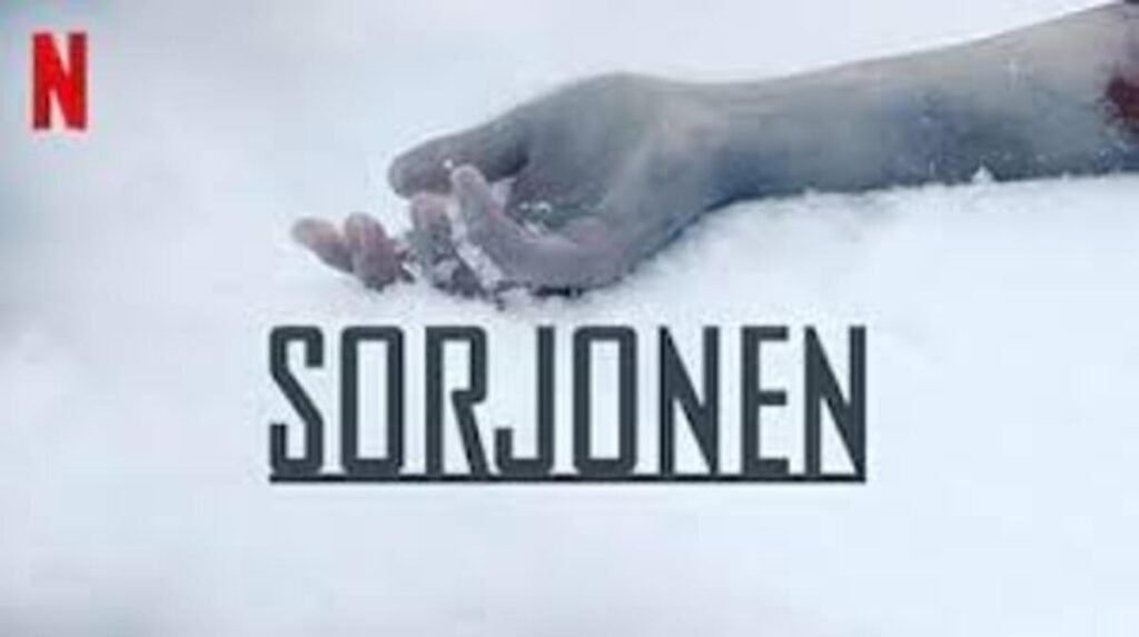 Pôster promocional da série de suspense Sorjonen. Na metade superior, sobre um fundo de neve branca e fustigada pelo frio, repousa o braço e a mão pálida de uma vítima, sugerindo um crime recente, com um leve rastro de sangue visível no pulso. No canto superior esquerdo, a logomarca da Netflix aparece em vermelho. Centralizado na metade inferior, o título Sorjonen está escrito em letras maiúsculas pretas e Alongadas.