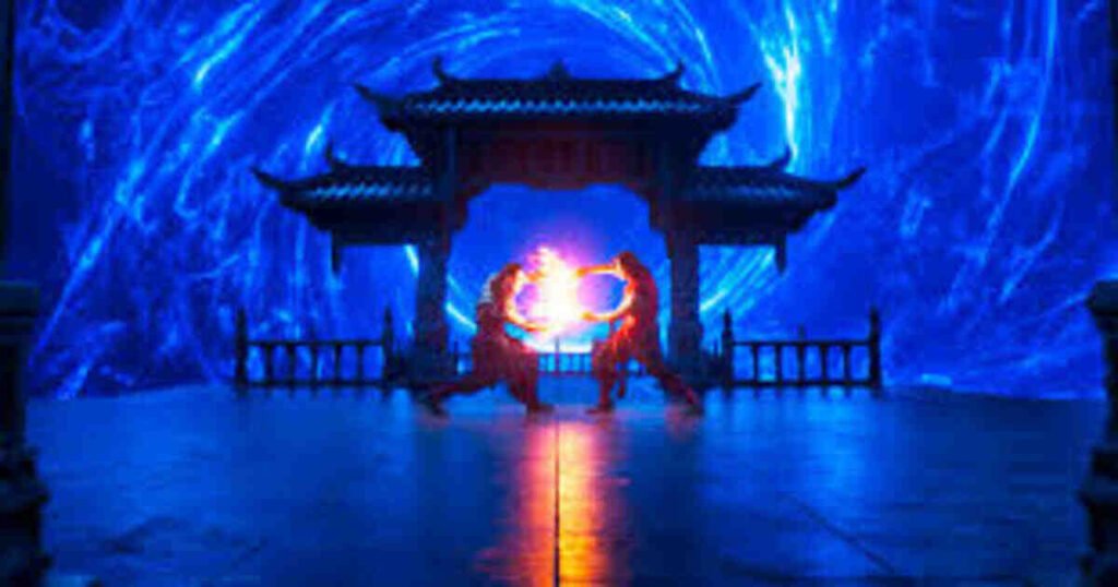 Cena de combate místico do filme Mortal Kombat, destacando o uso de poderes elementares e efeitos visuais impressionantes. A imagem captura a estética de fantasia e ação da franquia, sendo ideal para ilustrar críticas e guias sobre o universo de lutas no site.