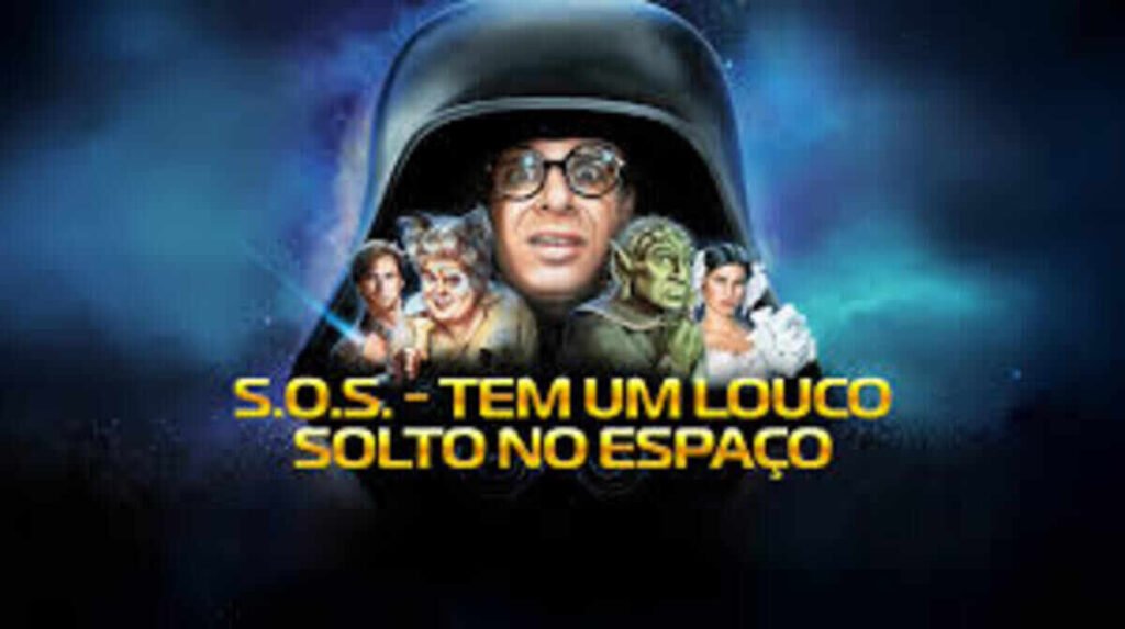 Pôster do filme S.O.S. - Tem um Louco Solto no Espaço. A imagem central apresenta o personagem Lord Helmet usando um capacete preto gigante e óculos. À sua frente, estão ilustrações dos personagens principais: Lone Starr, Barf, Mestre Yogurt e a Princesa Vespa. O título do filme aparece em letras amarelas brilhantes na parte inferior, sobre um fundo espacial nebuloso em tons de azul e preto.