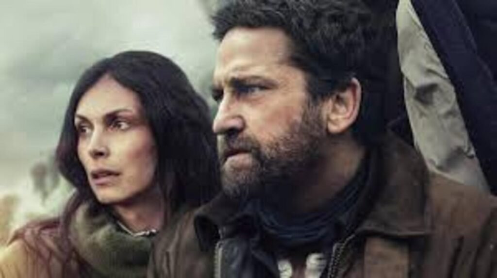 Protagonistas em momento de pura tensão e descoberta no horizonte durante cena dramática do filme Destruição Final. A imagem promocional destacando as atuações expressivas e o clima de sobrevivência e ficção científica é ideal para ilustrar críticas de cinema, análises detalhadas do enredo e novidades sobre lançamentos de ação no blog.