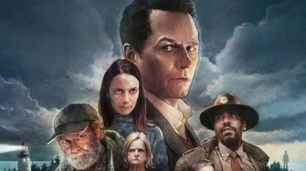 Cartaz oficial em estilo ilustrado destacando o elenco de personagens e a atmosfera de mistério da série O Segredo de Widow's Bay. A arte promocional com tons sombrios e a presença marcante de um farol é ideal para ilustrar críticas de episódios, resumos de temporadas e teorias de suspense no blog.