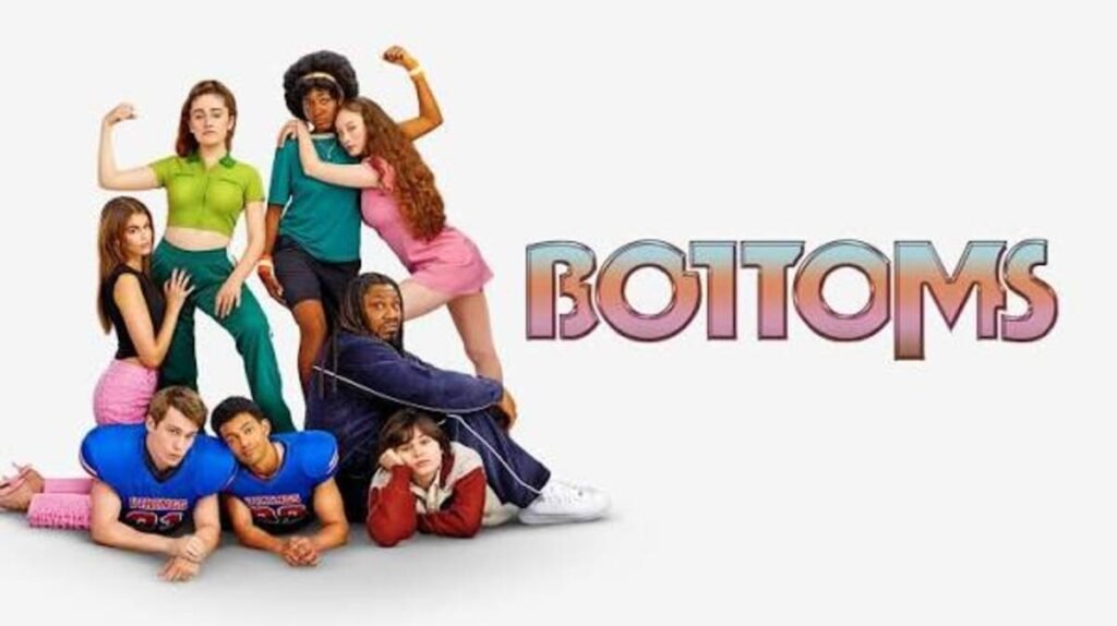 Filmes de amadurecimento: As produções contemporâneas que explicam a nova geração 6 Elenco completo reunido em pose divertida e cheia de atitude na arte oficial de divulgação do filme Bottoms. A imagem promocional focada em comédias satíricas contemporâneas, amadurecimento e cinema independente é excelente para ilustrar críticas completas, listas de melhores lançamentos recentes e análises de roteiros originais no blog.