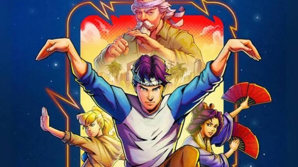 Ilustração em estilo desenho animado da série animada Karate Kid mostrando Daniel LaRusso na postura do grou com Senhor Miyagi e companheiros ao fundo.